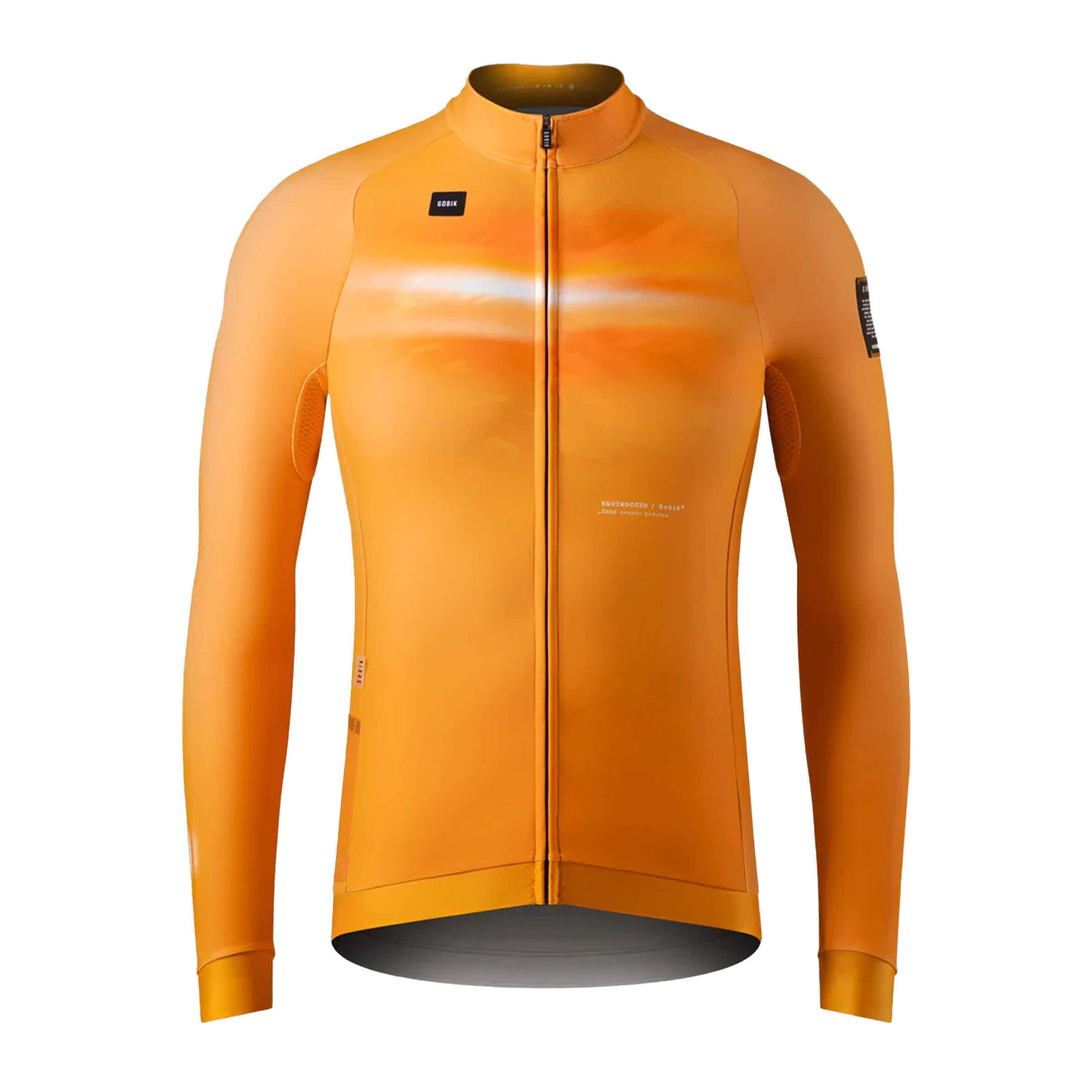 Vibrant cheddar orange GOBIK Hyder jersey featuring laser-cut cuffs and plush interior for cold weather.