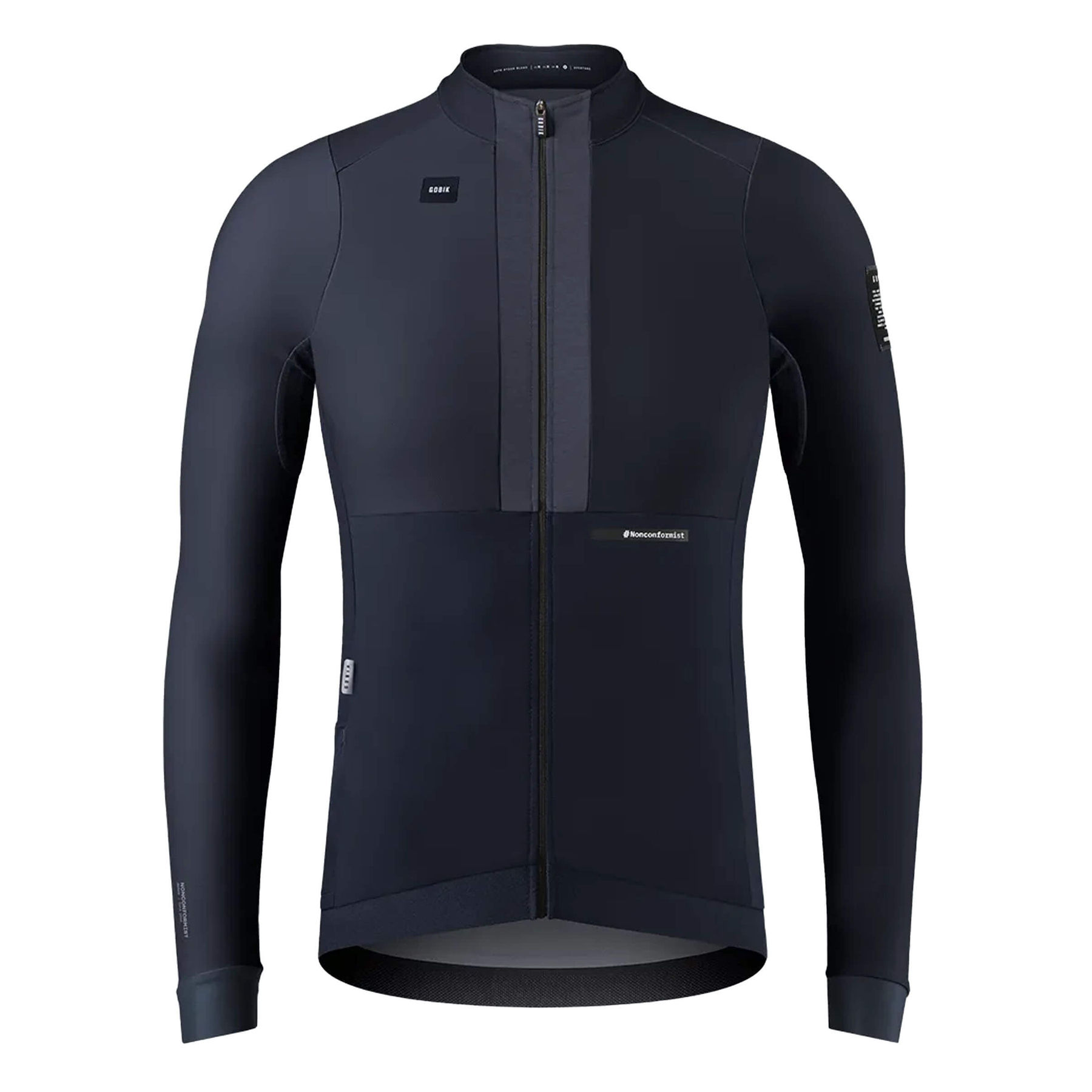 Men's Hyder Blend Jersey in navy, combining solid and sublimated fabrics for cool-weather cycling.