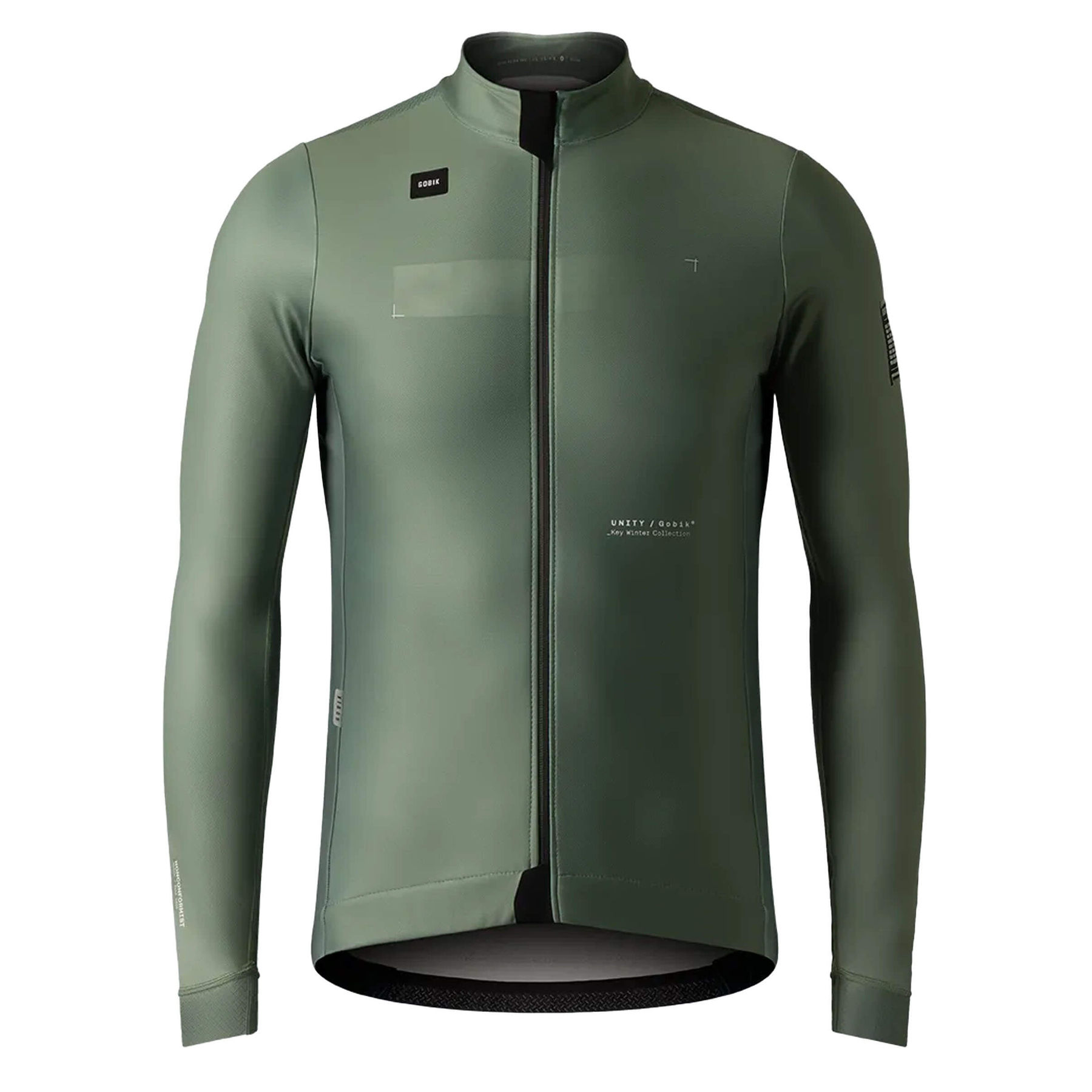 GOBIK Skimo Pro men's jacket in hedge green with wind-protective front panel and sleeves, thermal lined back, and multiple pockets, suitable for 0-12C.