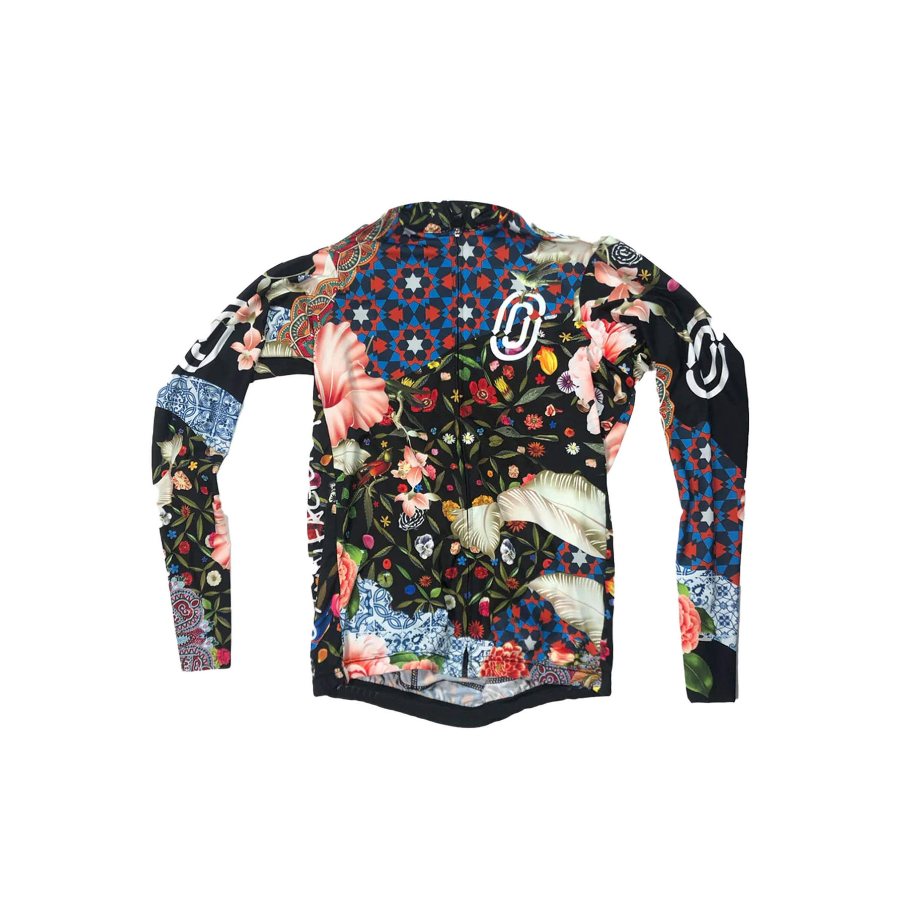 Men's Ostroy Omloop long-sleeve jersey featuring a colorful blend of Flanders-inspired motifs, cannabis leaves, and bird etchings.