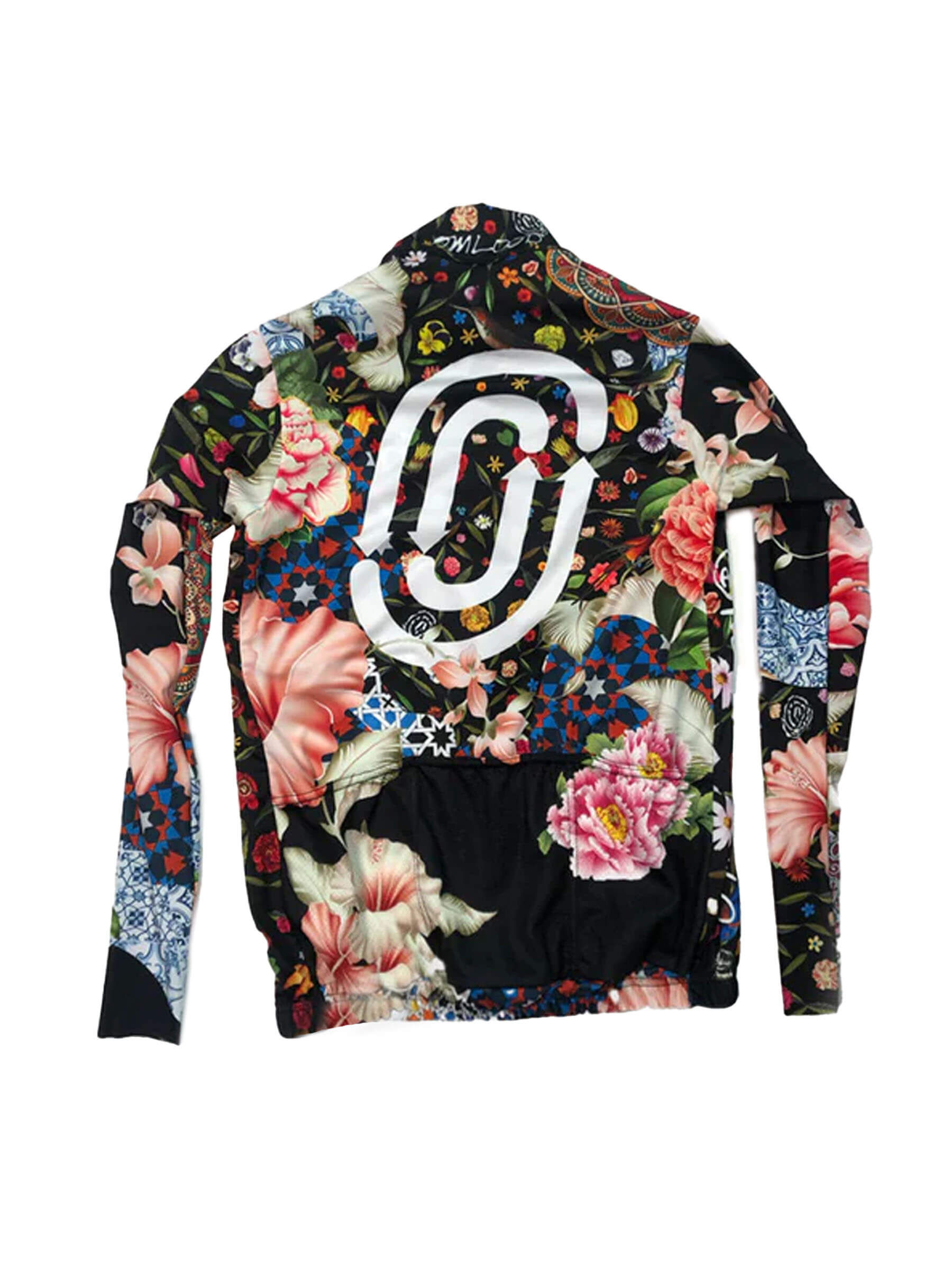 Rear view of Ostroy Omloop men's jersey with vivid medieval architectural prints and 19th-century bird illustrations.