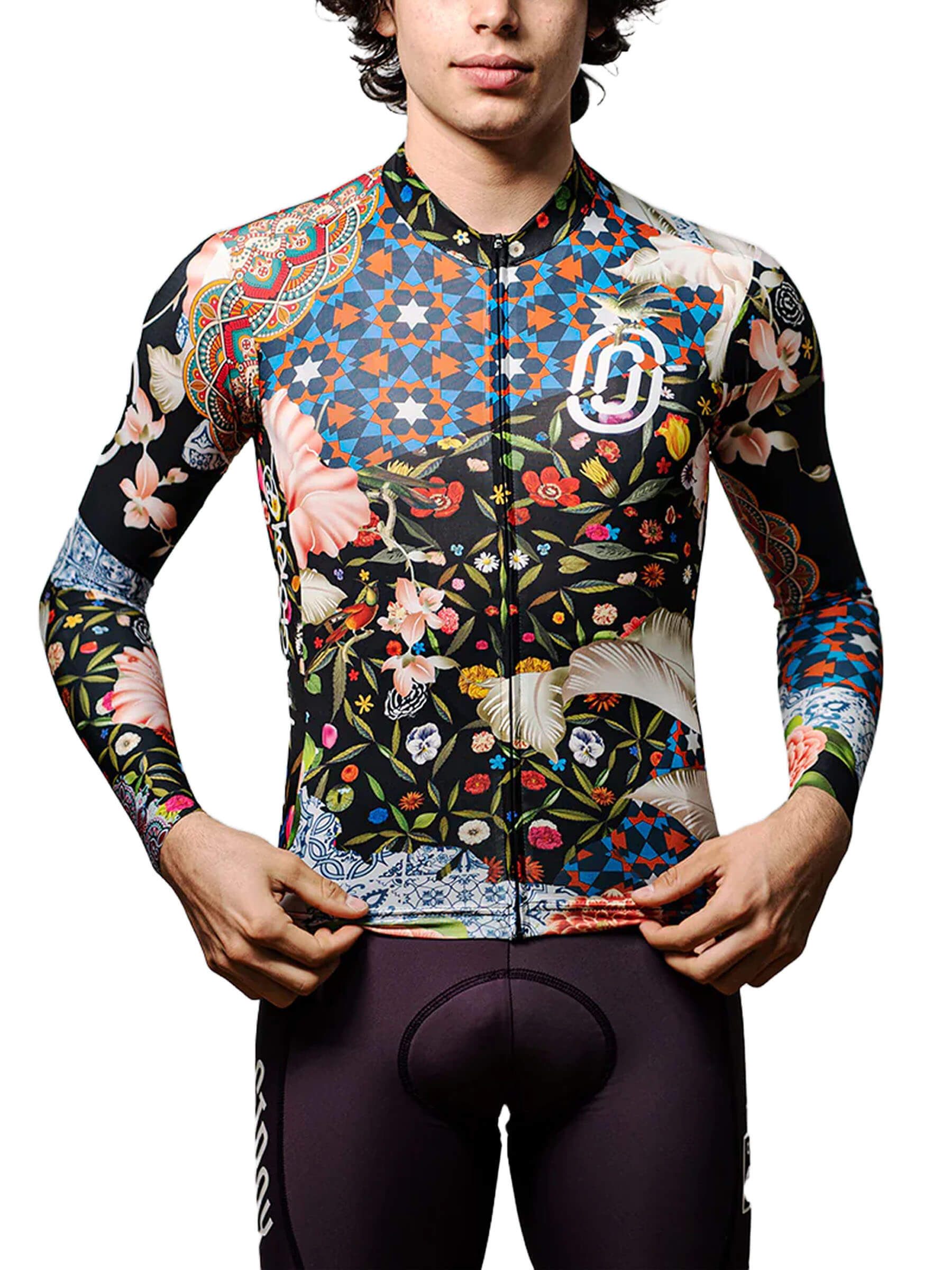 Man wearing Ostroy Omloop jersey, front view, showcasing the mix of dark moody Flanders colors and Japanese candy-wrapper designs.