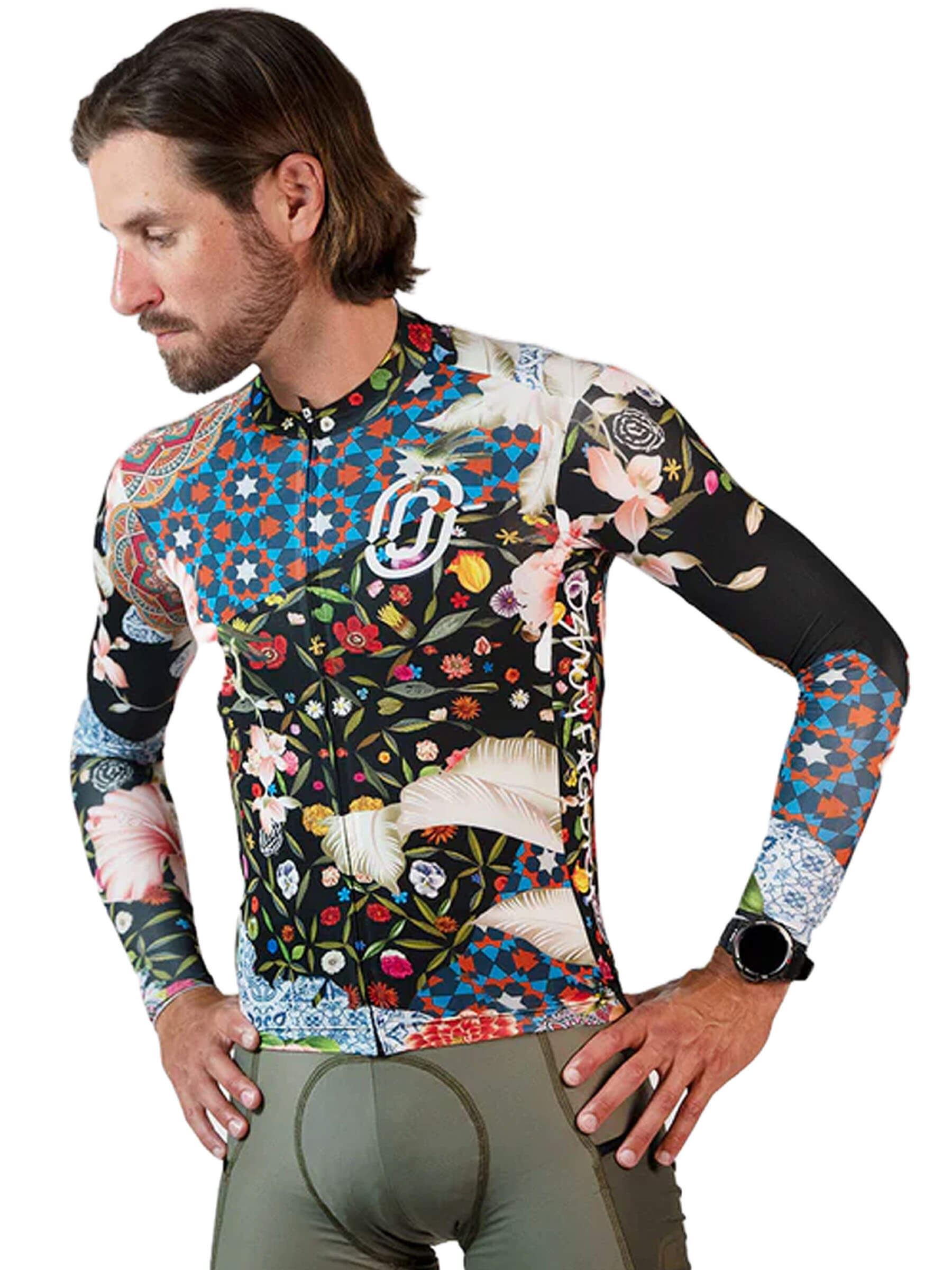 Side view of a man in Ostroy Omloop jersey capturing the essence of Ghent's rich history and colorful culture in the fabric design.