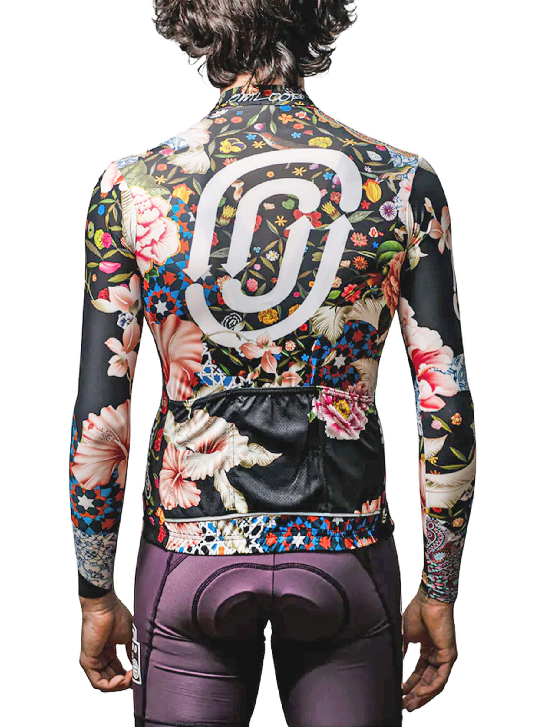 Back view of a man wearing Ostroy Omloop jersey, highlighting the intricate floral art and unique color mash-up representing Flanders.
