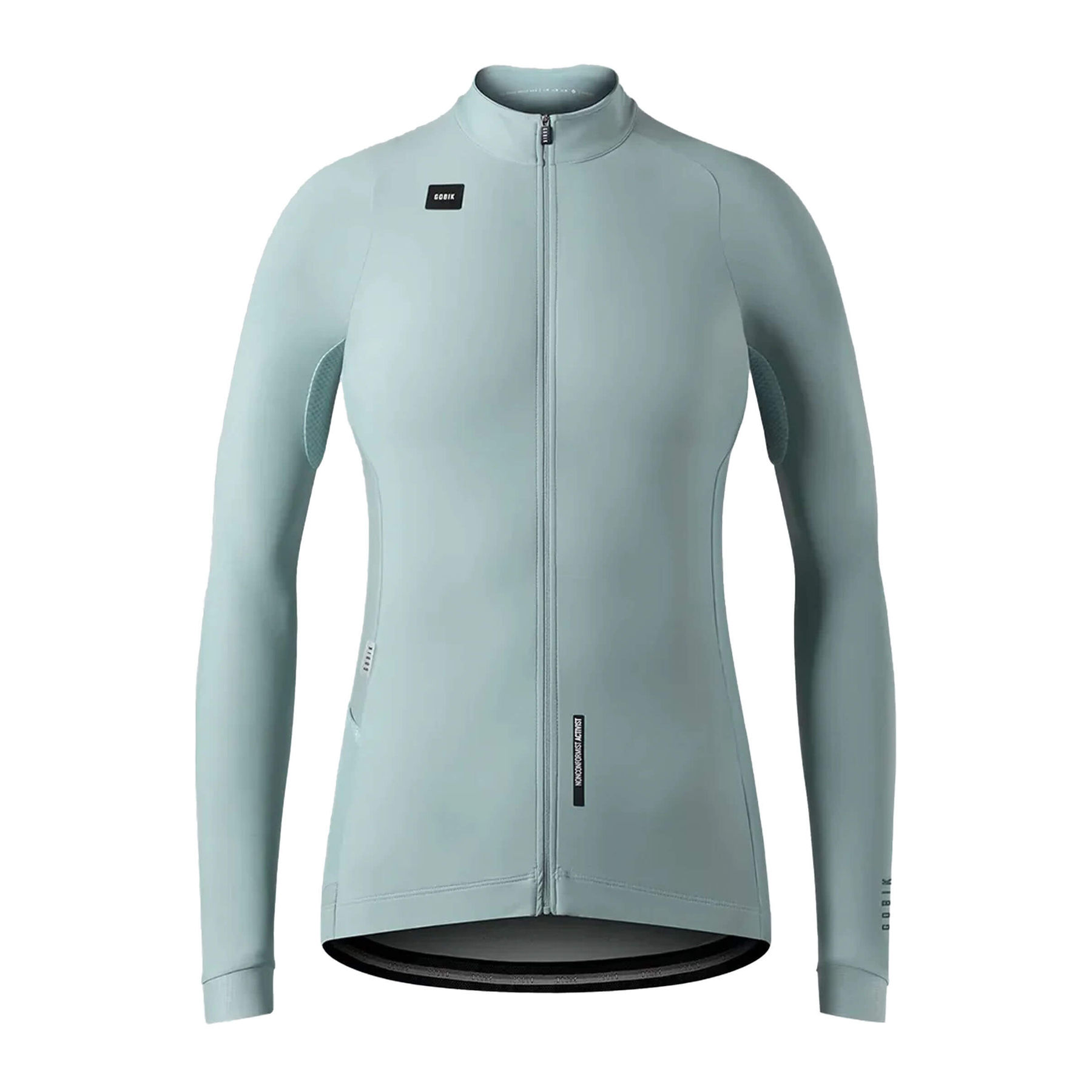 Women's GOBIK Pacer long sleeve jersey in pale hakone green, with breathable mesh armpit panels.