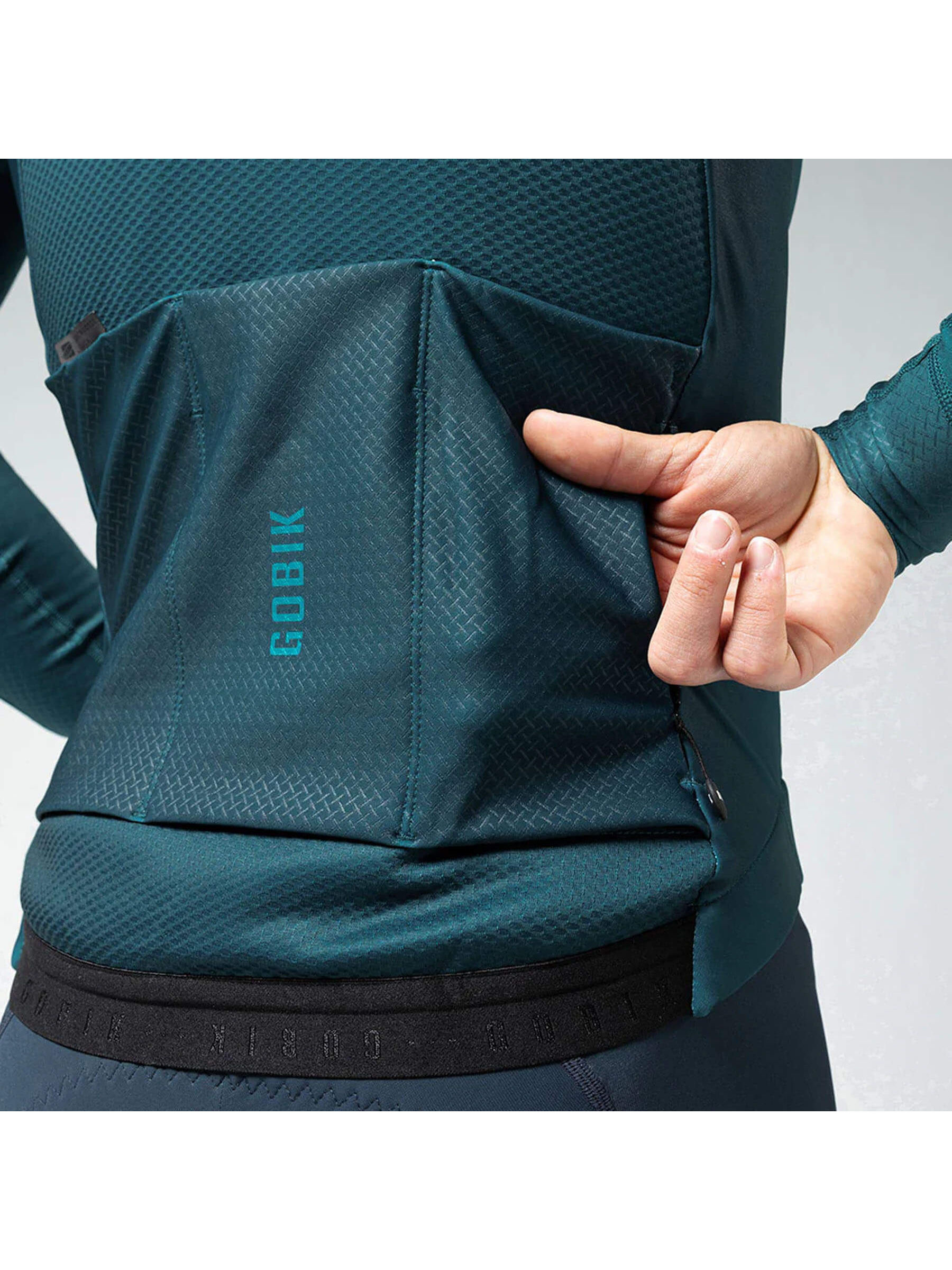 Rear view of GOBIK Skimo Pro Hydro jacket in teal, with reflective details and three back pockets for storage during low temperatures.