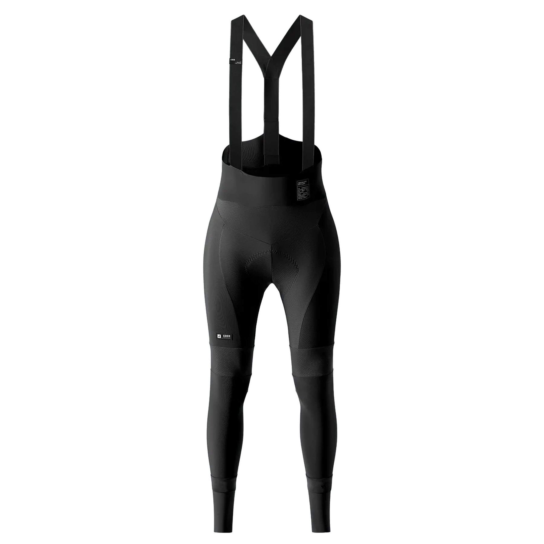 GOBIK Absolute 6.0 K9 Bib Tights: Sleek black cycling tights with supportive shoulder straps and strategic padding for cyclists.
