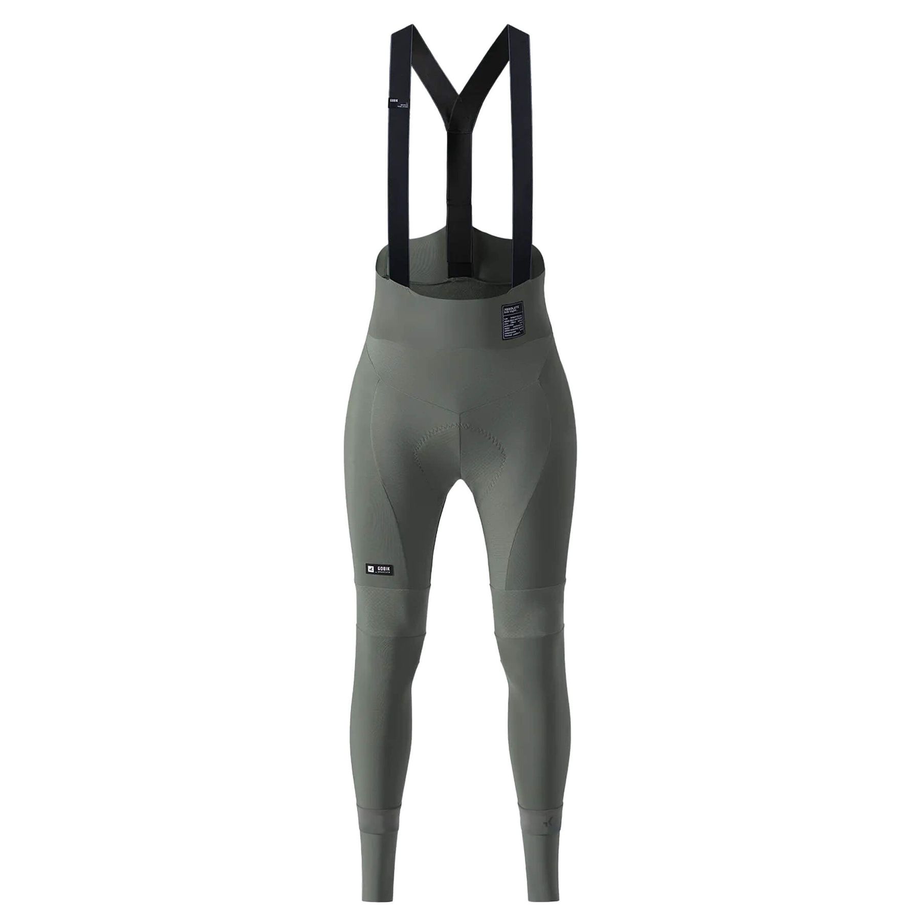 Image of GOBIK Absolute 6.0 K9 Women's Bib Tights: Olive green, full-length cycling tights with black shoulder straps and padding in the seat area for comfort.