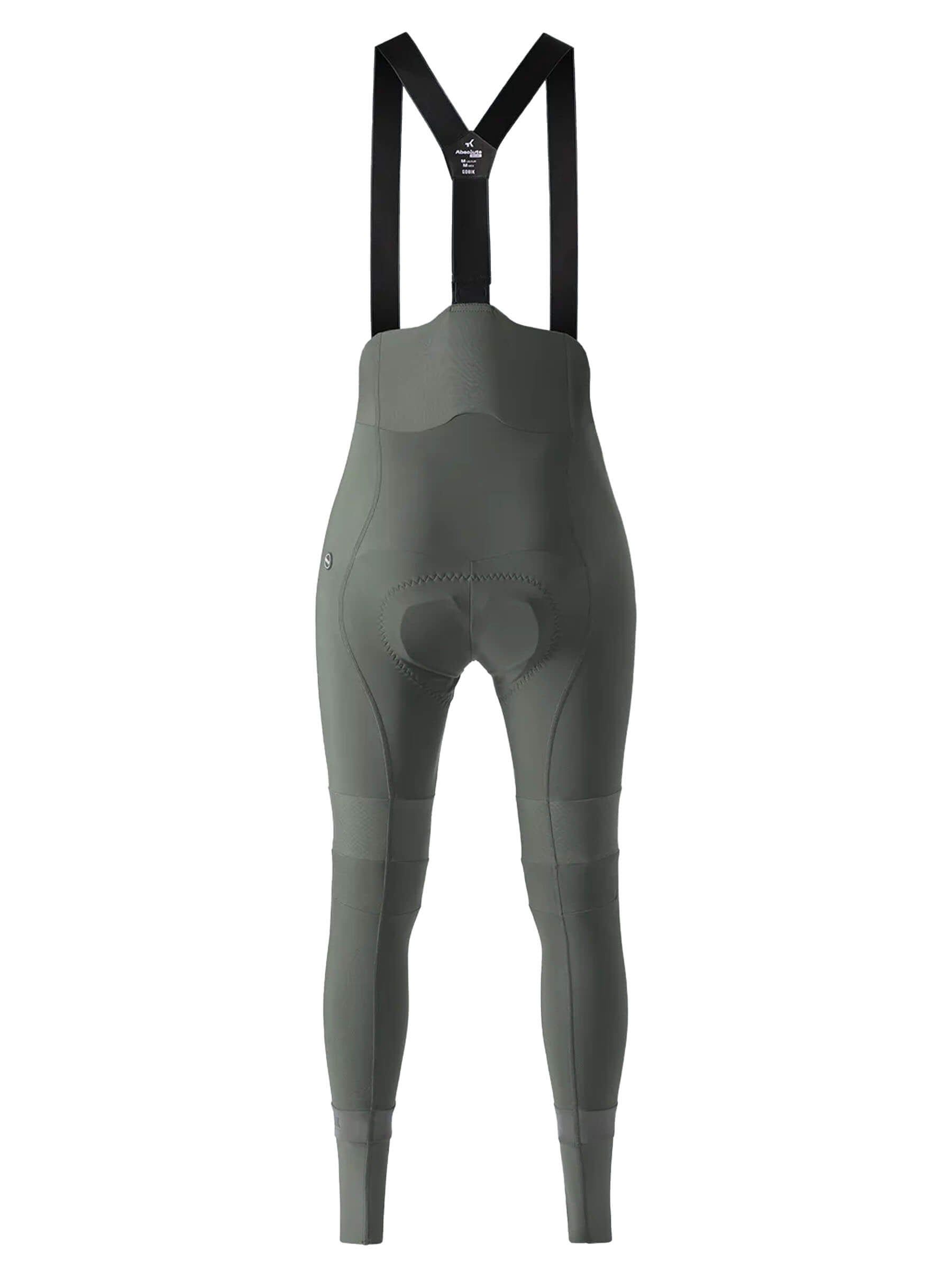 Image of GOBIK Absolute 6.0 K9 Women's Bib Tights: Olive green, full-length cycling tights with black shoulder straps and padding in the seat area for comfort.