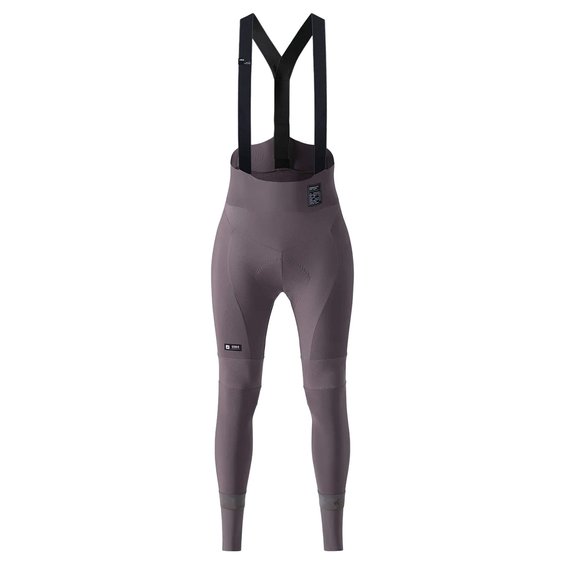 GOBIK Absolute 6.0 K9 Bib Tights in java: Dark taupe cycling tights with black suspenders and ergonomic padding for enhanced riding comfort.