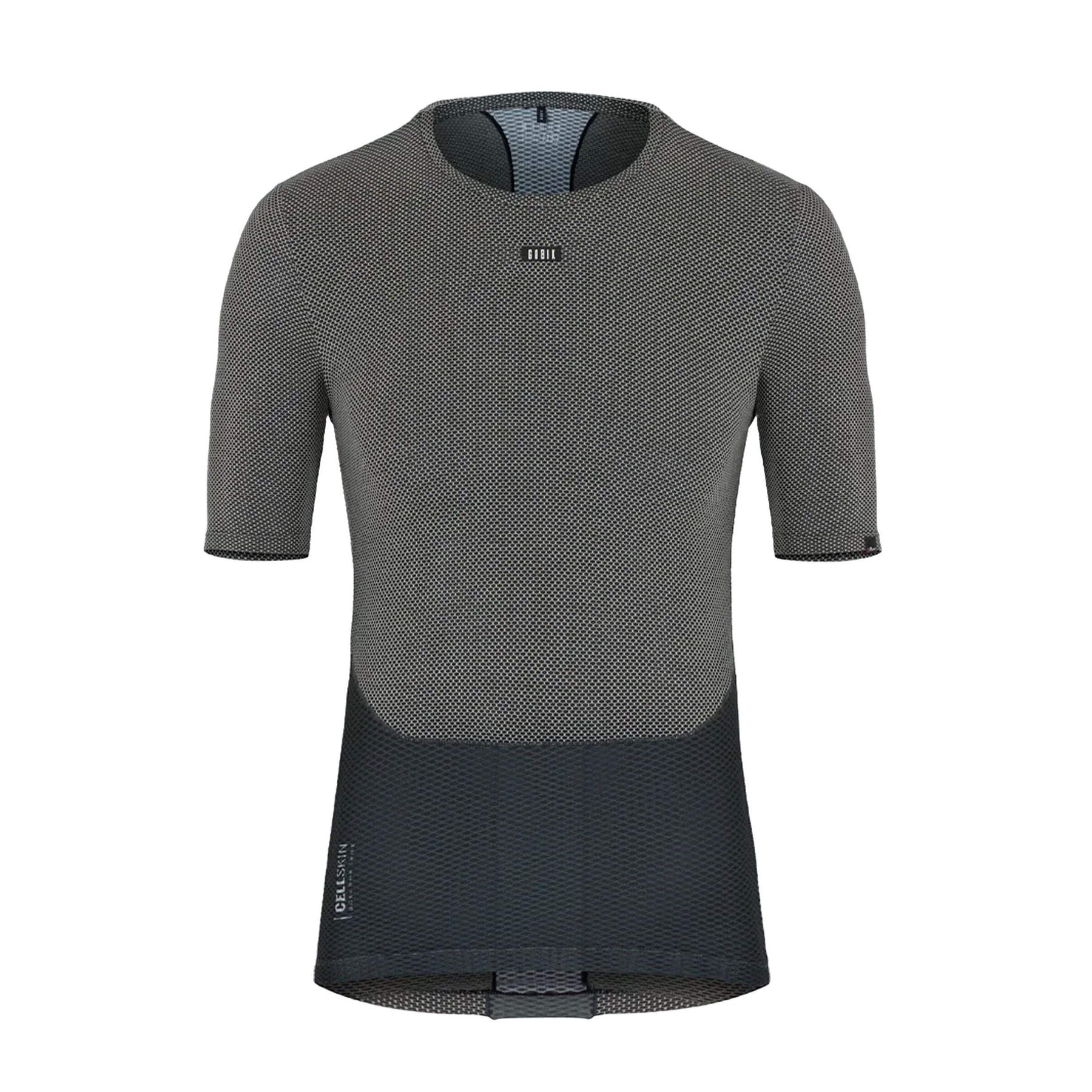 Front view of a GOBIK women's short-sleeved base layer top in black, showcasing a breathable mesh design with a hexagonal pattern and a discreet GOBIK logo at the collar.