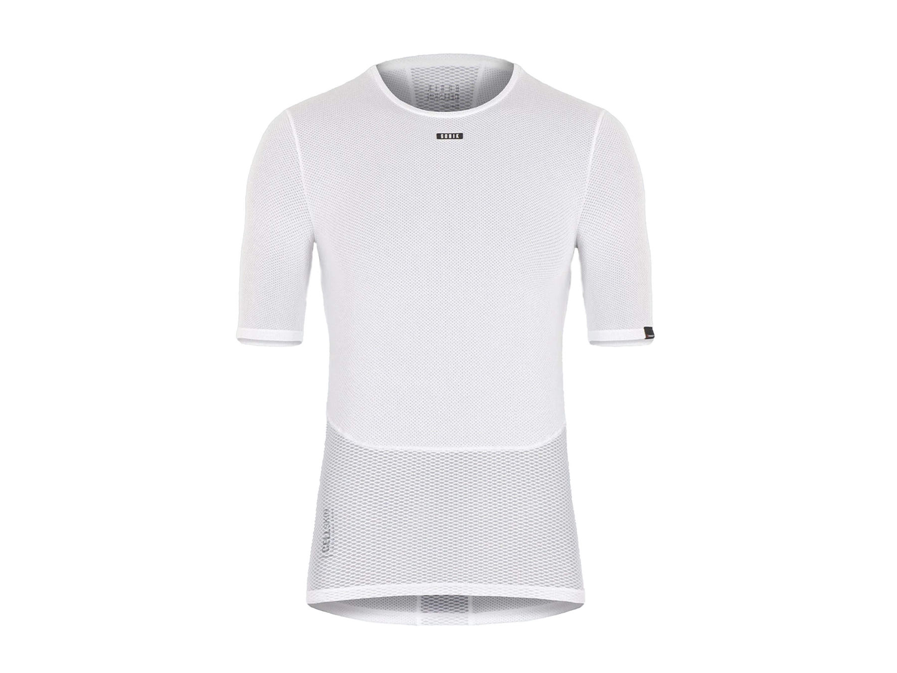 Front view of a GOBIK women's short-sleeved base layer top in white, showcasing a breathable mesh design with a hexagonal pattern and a discreet GOBIK logo at the collar.