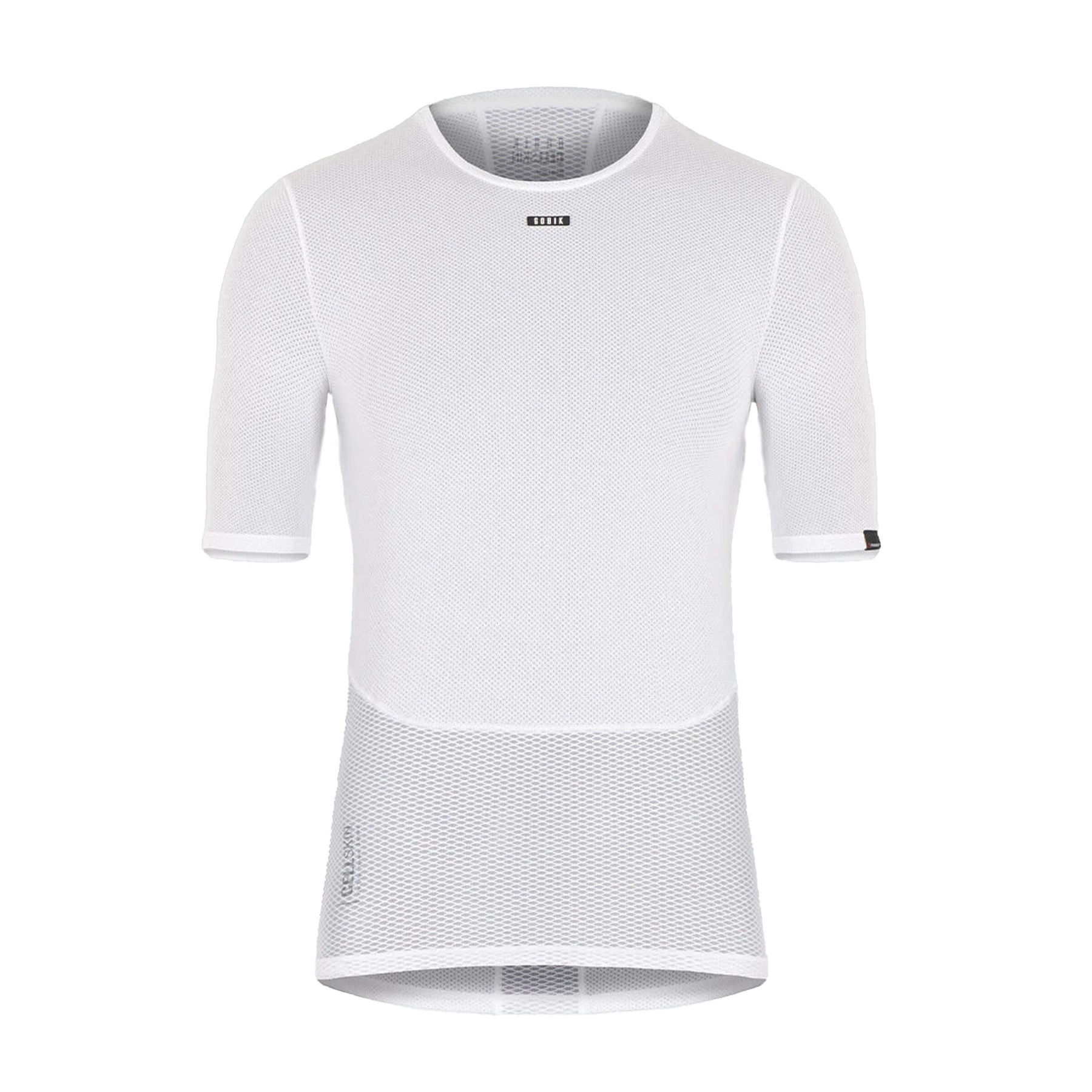 Front view of a GOBIK women's short-sleeved base layer top in white, showcasing a breathable mesh design with a hexagonal pattern and a discreet GOBIK logo at the collar.