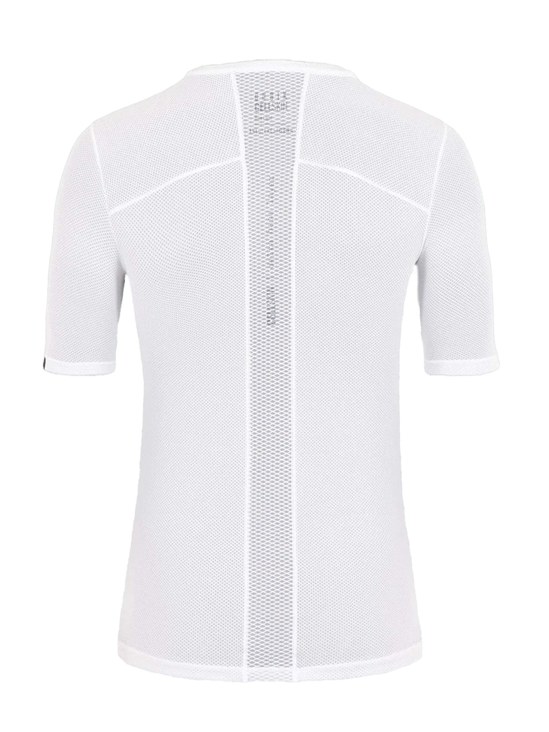 Rear view of a GOBIK women's short-sleeved base layer top in white, showcasing a breathable mesh design with a hexagonal pattern and a discreet GOBIK logo at the collar.