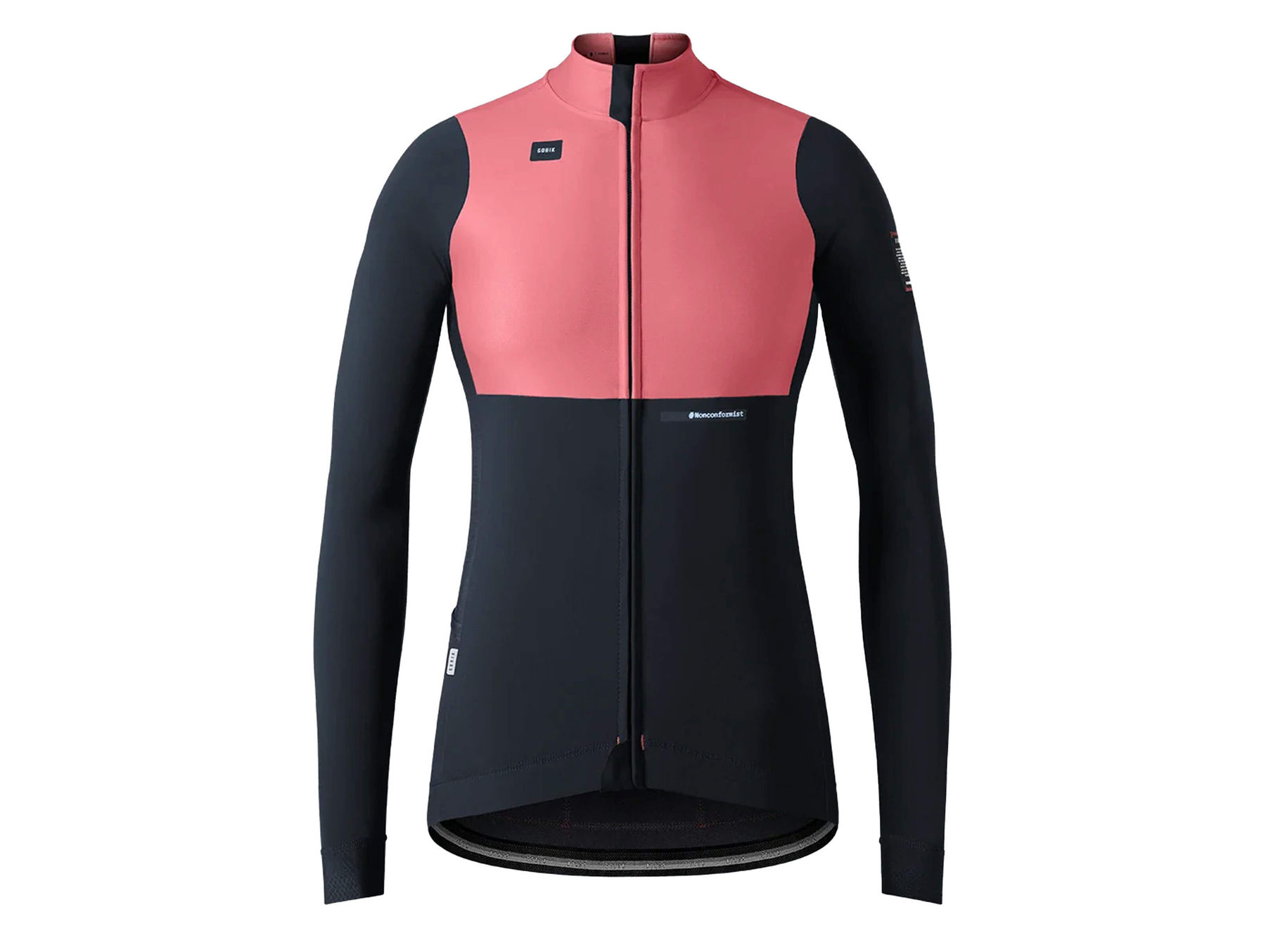 A pink and black women's long sleeve jersey for cycling, perfect for cool weather conditions, wind, or light rain.