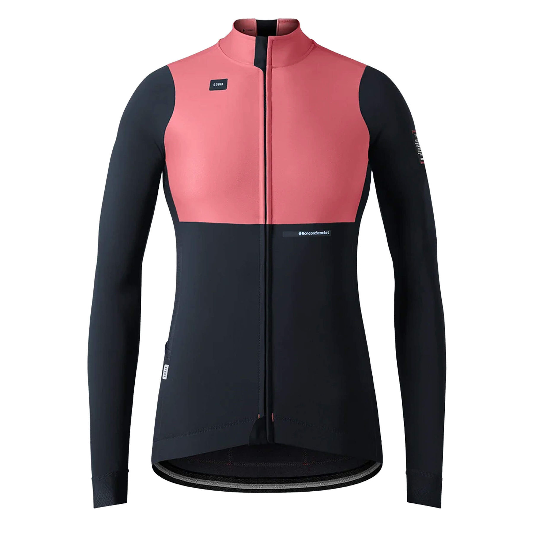 A pink and black women's long sleeve jersey for cycling, perfect for cool weather conditions, wind, or light rain.